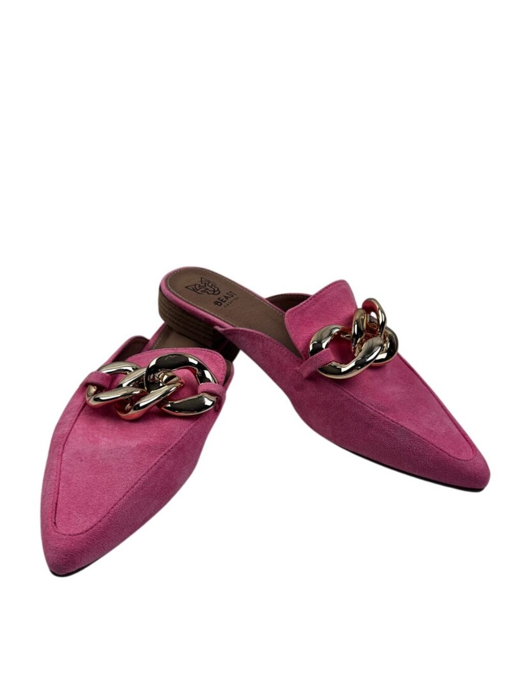Beast Fashion Suede Pointed Toe Pink Mules Gold Chain Detail Women's Size 9